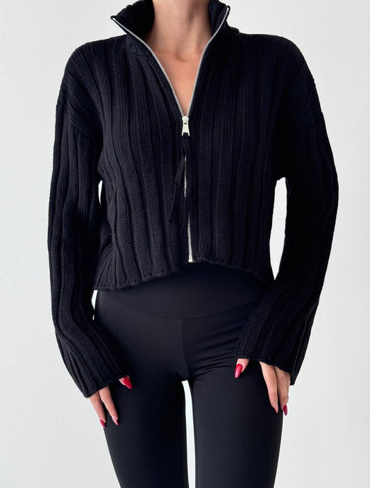 Lotte | Zwart Gebreid Cardigan met Rits