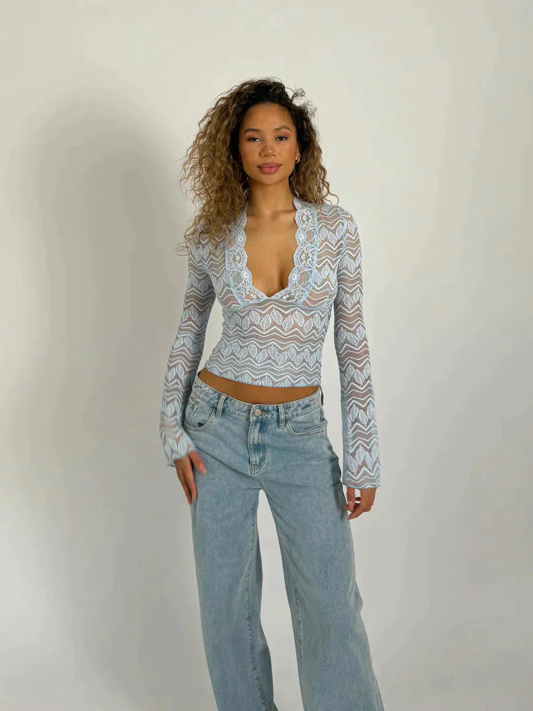 Aurelia | Bloemenkant Crop Top met Lange Mouwen