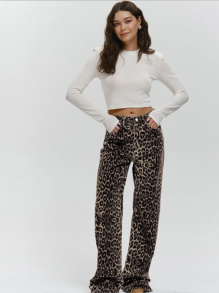 Lola - Hoge taille flared broek met luipaardprint - River Mode