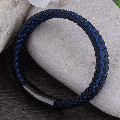 Finn – Stoere leren armband met zwart en blauw detail - River Mode