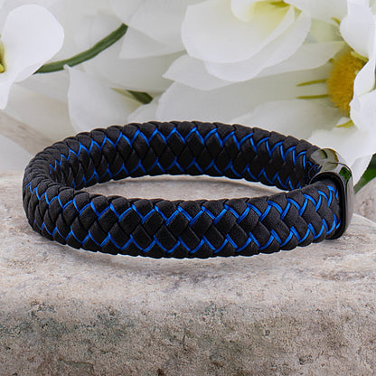 Finn – Stoere leren armband met zwart en blauw detail - River Mode