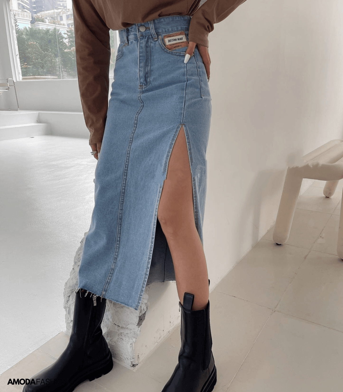 FANNY– Elegante Denim Kokerrok met Splitten