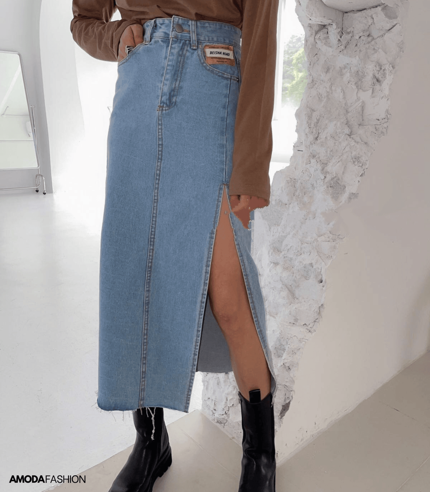 FANNY– Elegante Denim Kokerrok met Splitten